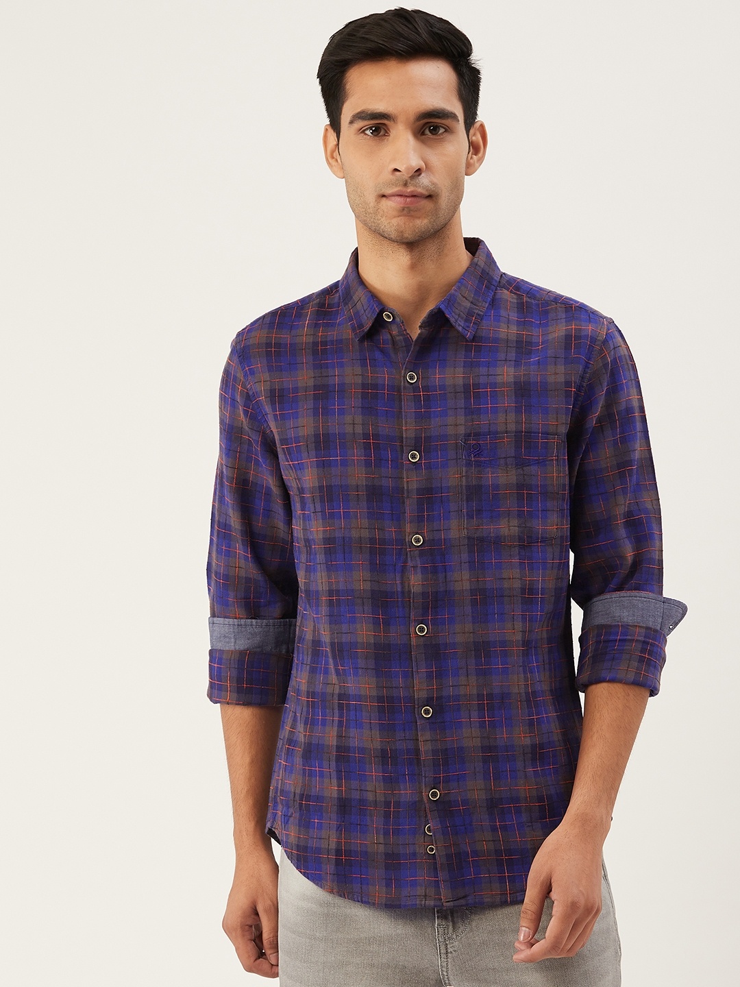 

United Colors of Benetton Men Navy Blue & Brown Slim Fit Checked Casual Shirt