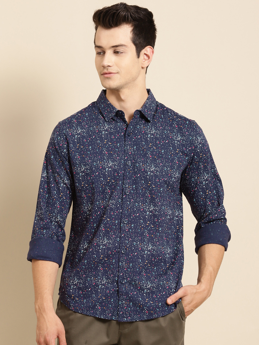 

United Colors of Benetton Men Navy Blue & Pink Pure Cotton Micro Ditsy Print Casual Shirt