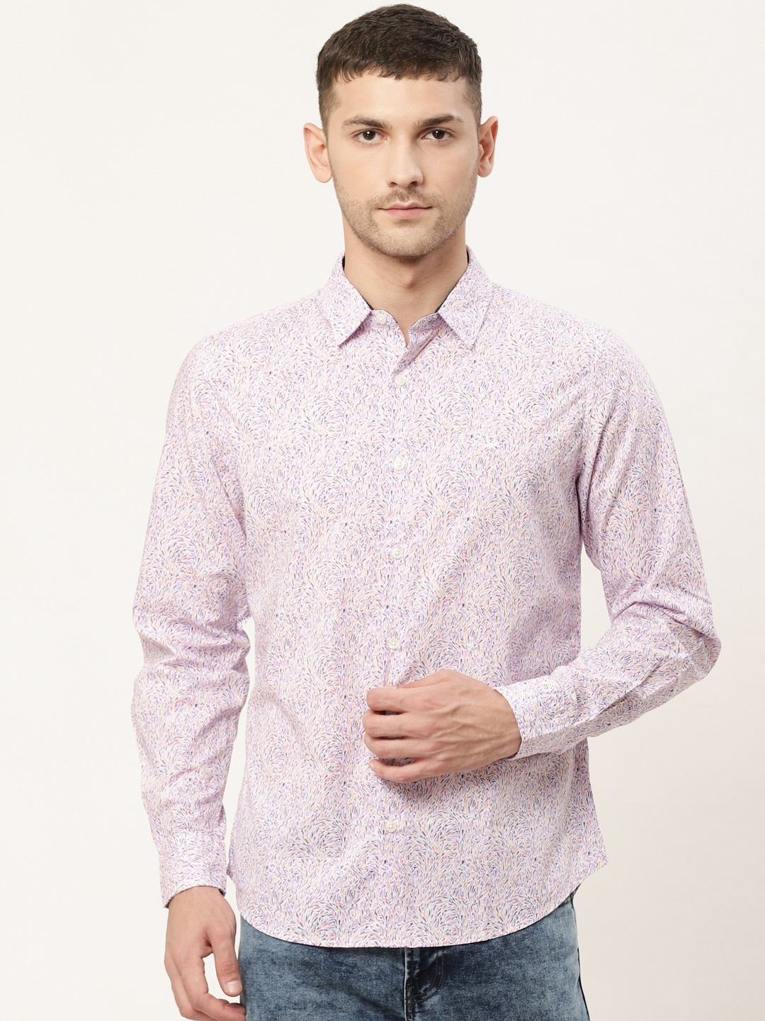 United Colors of Benetton Men White & Lavender Slim Fit Printed Casual Shirt