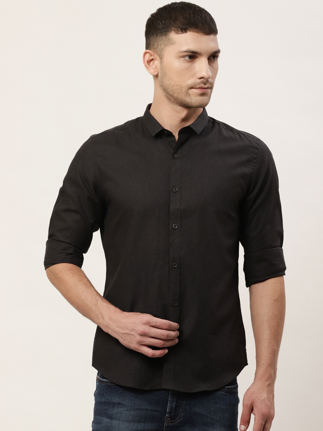 

United Colors of Benetton Men Charcoal Grey Slim Fit Self-Design Casual Shirt