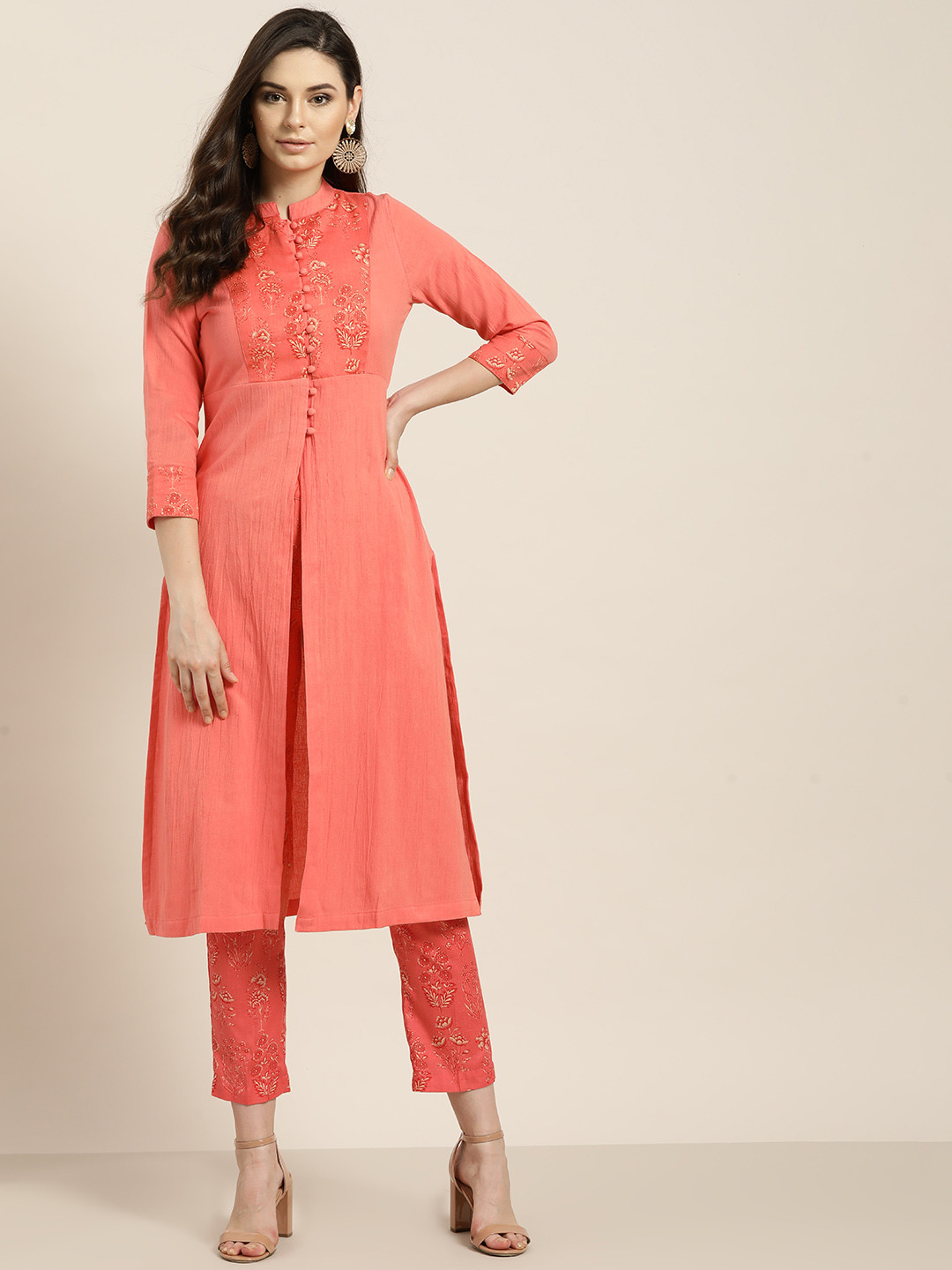 

Shae by SASSAFRAS Women Coral Pink Yoke Design Kurta with Trousers