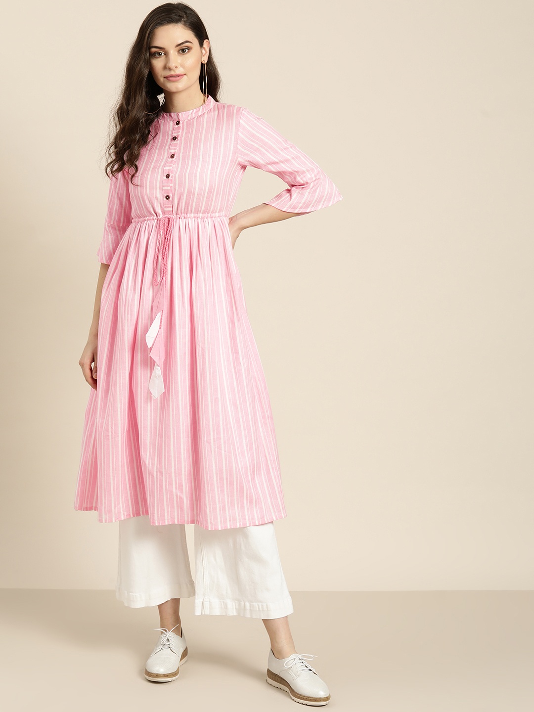 

Shae by SASSAFRAS Women Pink & White Striped A-Line Kurta