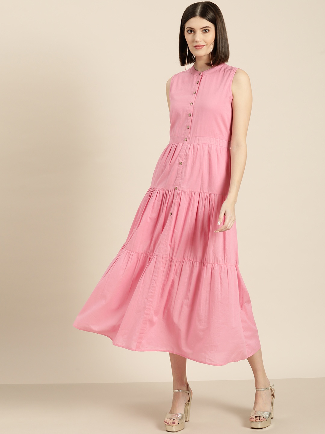 

Shae by SASSAFRAS Women Pink Solid Maxi Tiered Dress