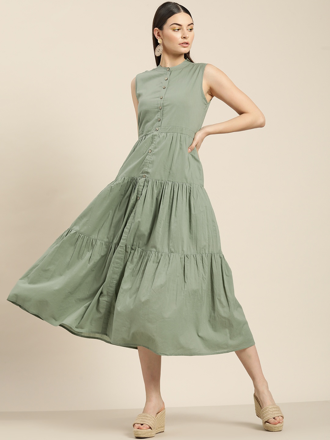 

Shae by SASSAFRAS Women Olive Green Solid Maxi Tiered Dress