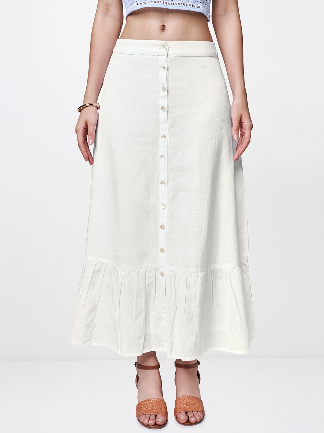 

AND Women White Solid Midi A-Line Skirt