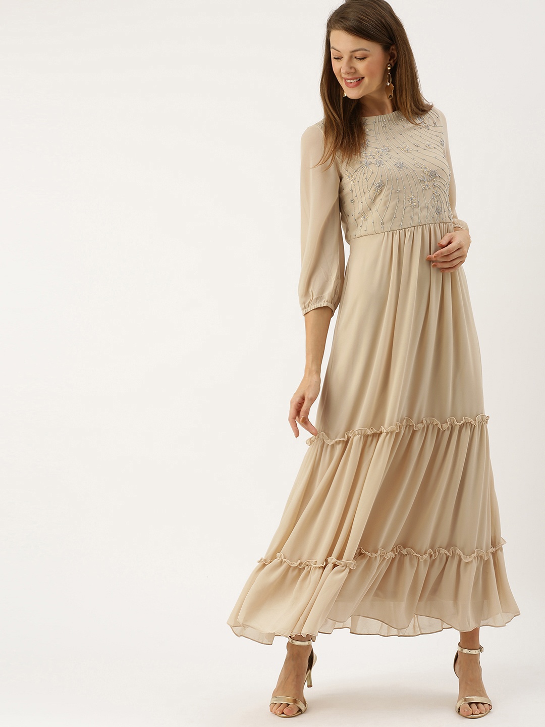 

AND Women Beige Embroidered Maxi Tiered Dress