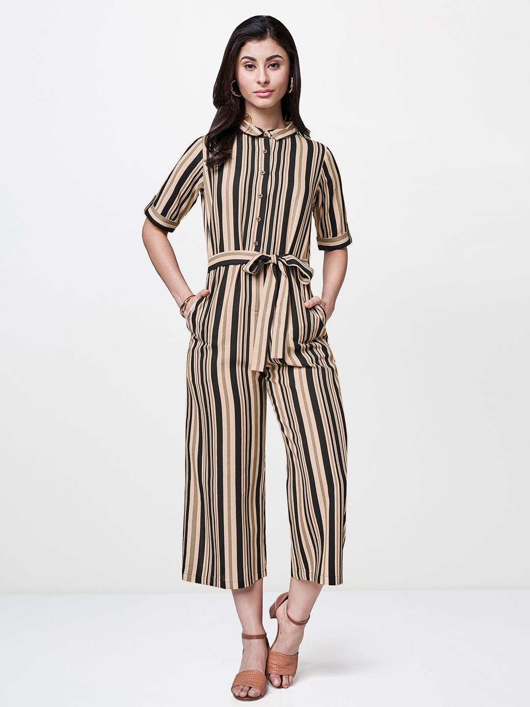 

AND Women Beige & Black Striped Culotte Jumpsuit with Waist Tie-Ups