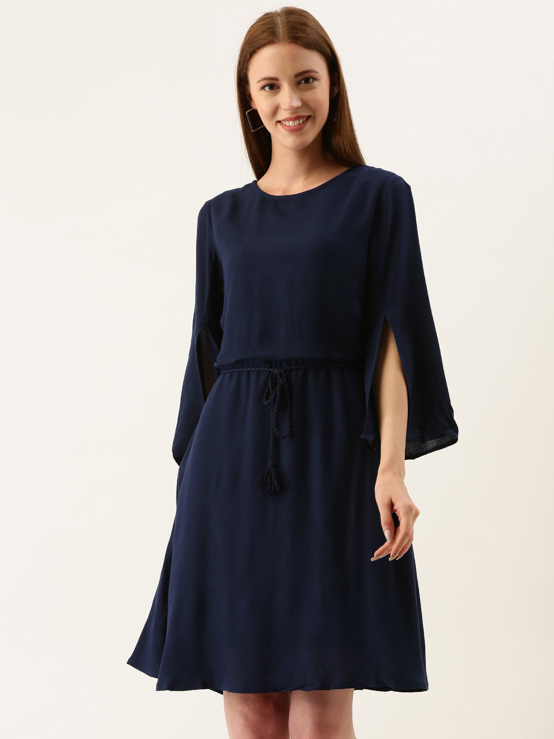 

AND Women Navy Blue Solid Smocked Fit and Flare Dress With Slit Sleeves