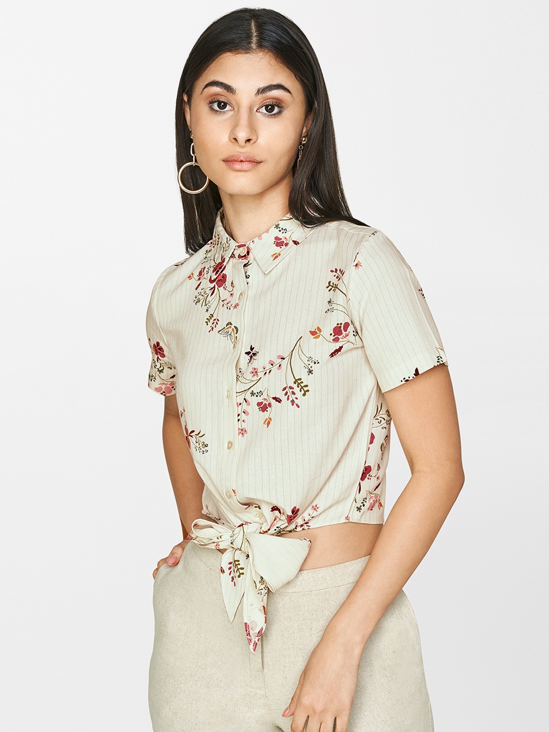 

AND Women Off-White & Blue Striped Cropped Shirt Style Top with Front Knot