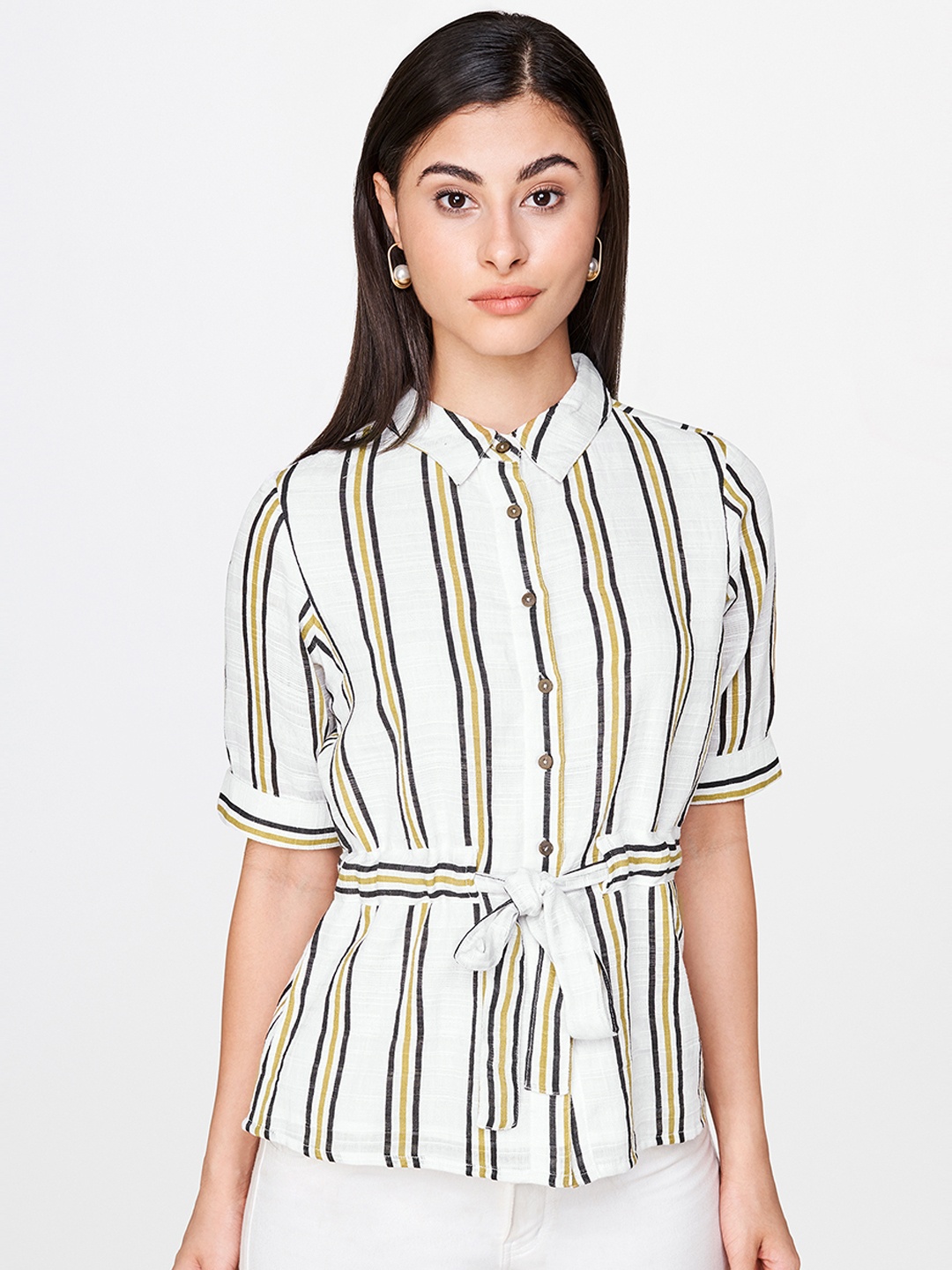 

AND Women White & Black Striped Shirt Style Top