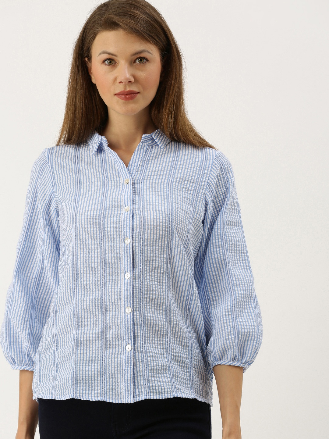 

AND Women Blue & White Regular Fit Striped Seersucker Casual Shirt With Puff Sleeves
