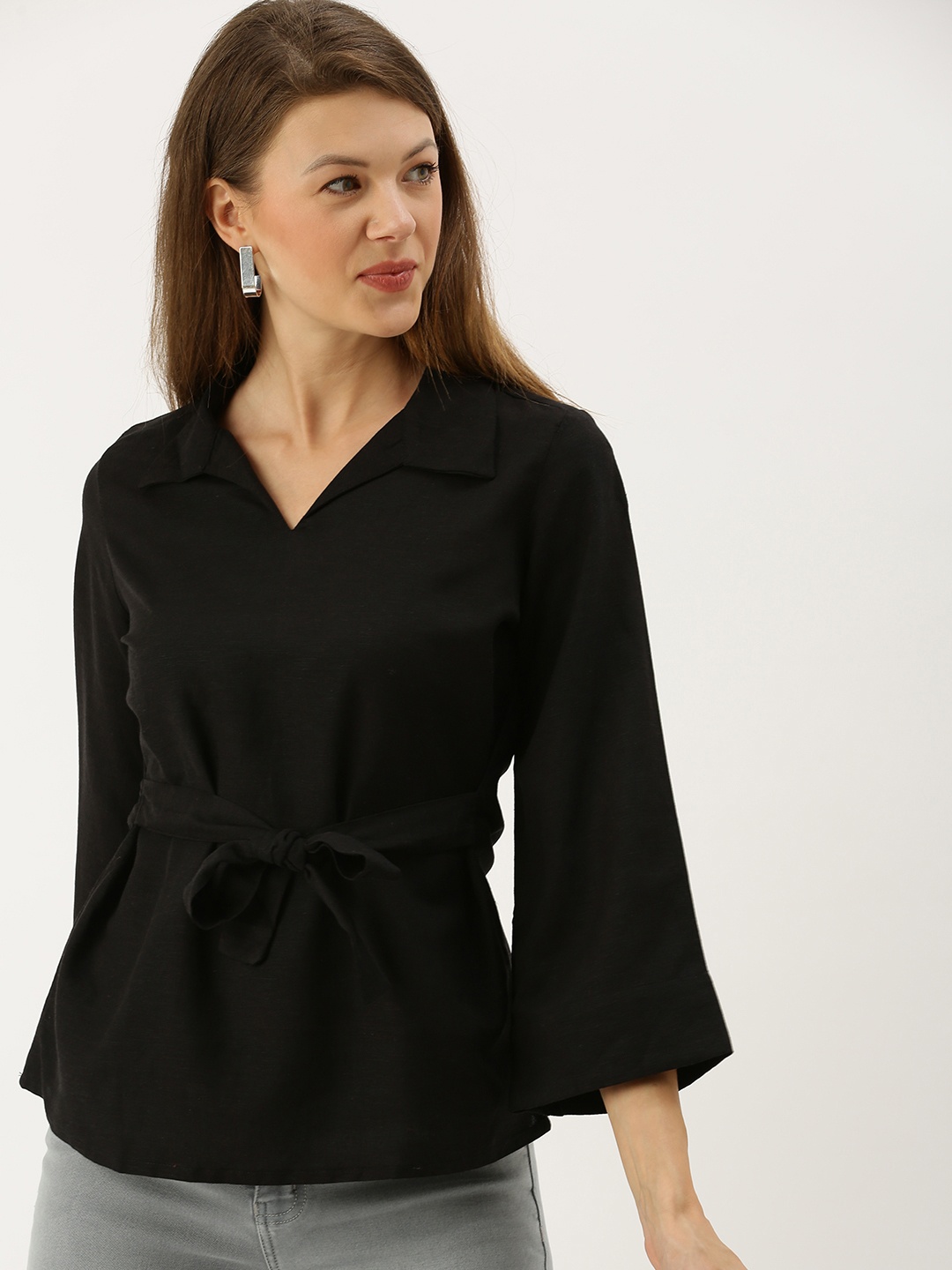 

AND Women Black Solid Top With Waist Tie-Up