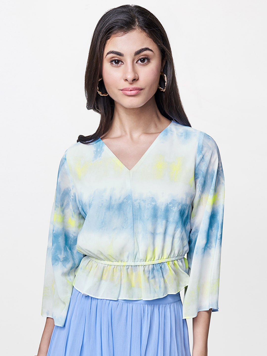 

AND Women Blue & Yellow Dyed Cinched Waist Top