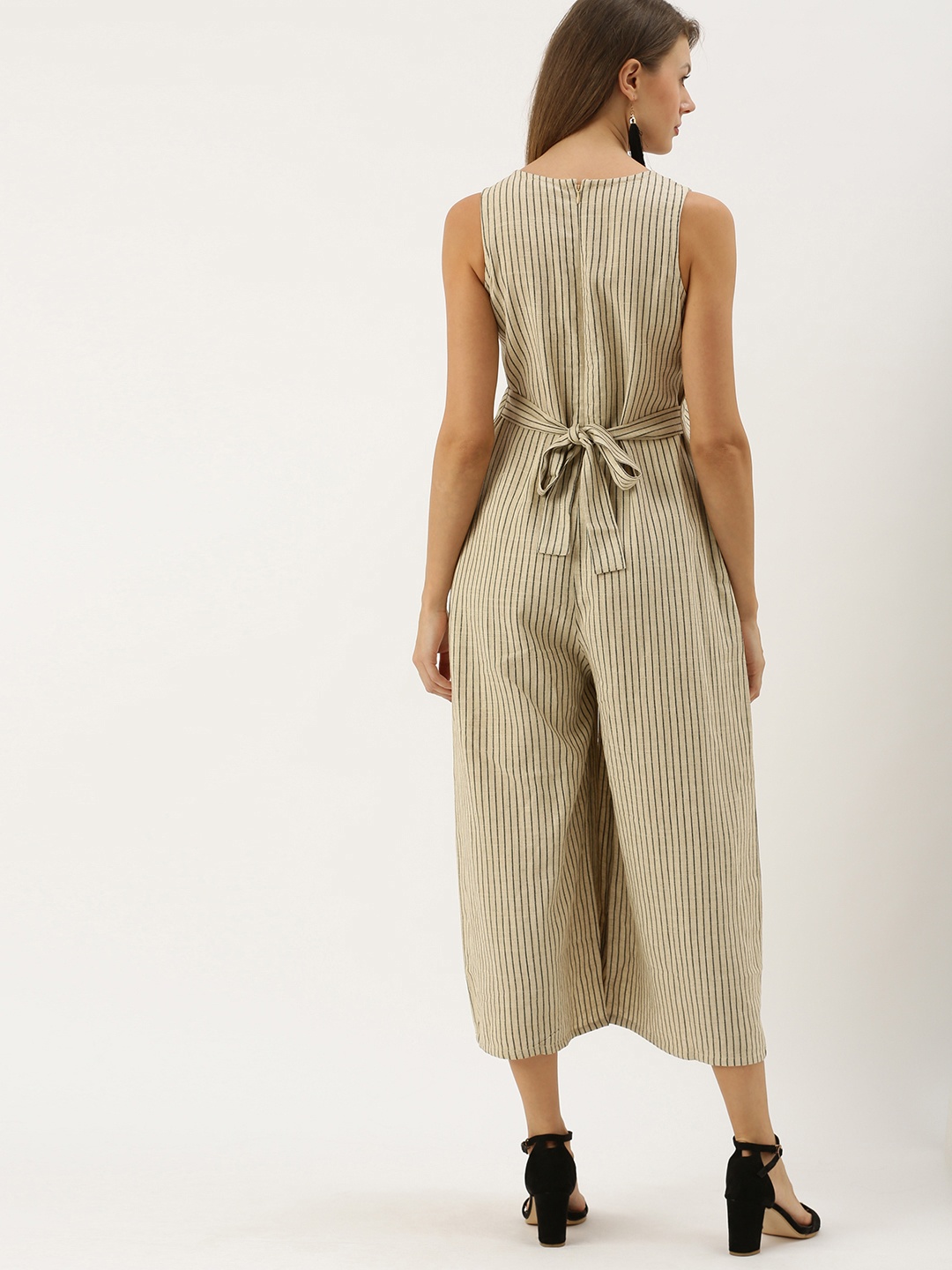 

AND Women Beige & Black Striped Culotte Jumpsuit