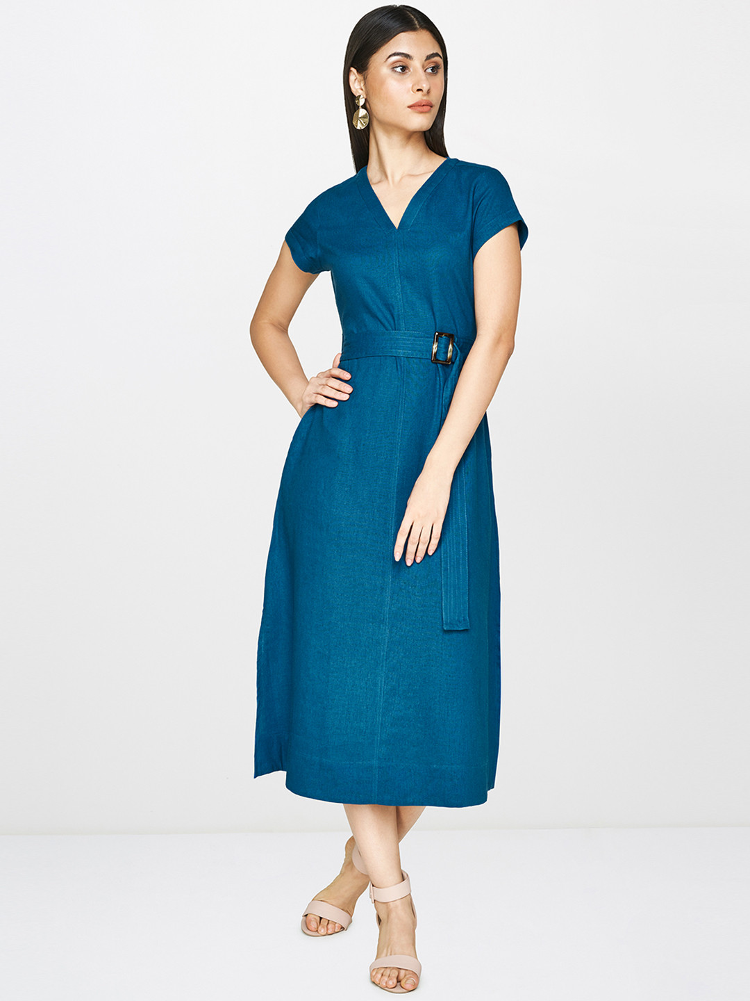 

AND Women Teal Blue Solid A-Line Dress