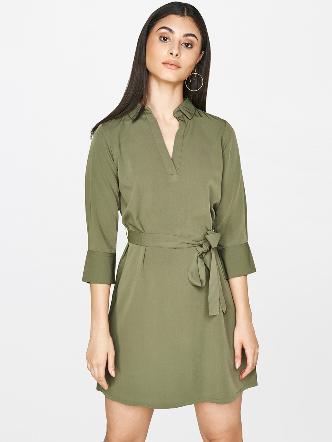

AND Women Olive Green Solid A-Line Dress