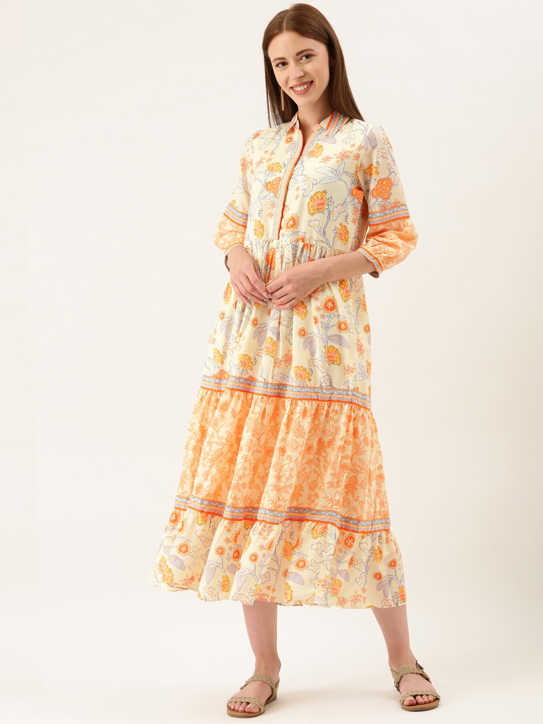 

AND Women Cream-Coloured & Orange Printed Tiered A-Line Dress