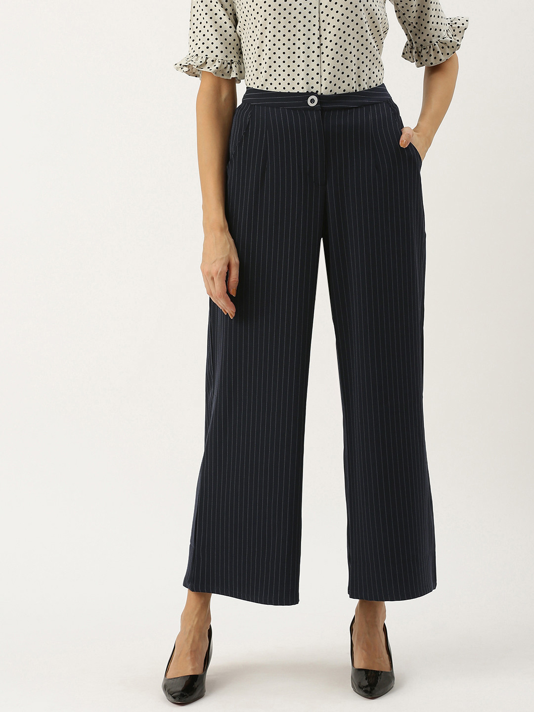 

AND Women Blue & White Regular Fit Striped Parallel Trousers