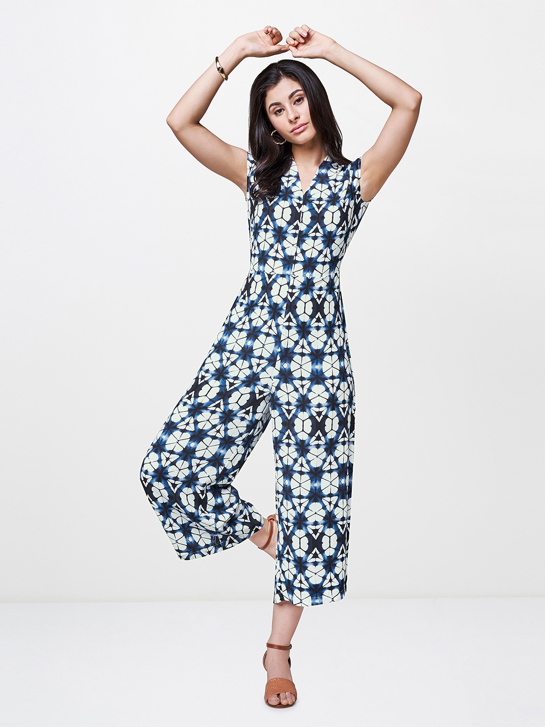 

AND Women Navy Blue & White Printed Culotte Jumpsuit