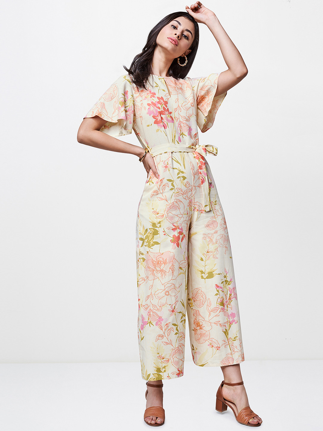 

AND Women Cream-Coloured & Pink Printed Culotte Jumpsuit with Waist Tie-Ups