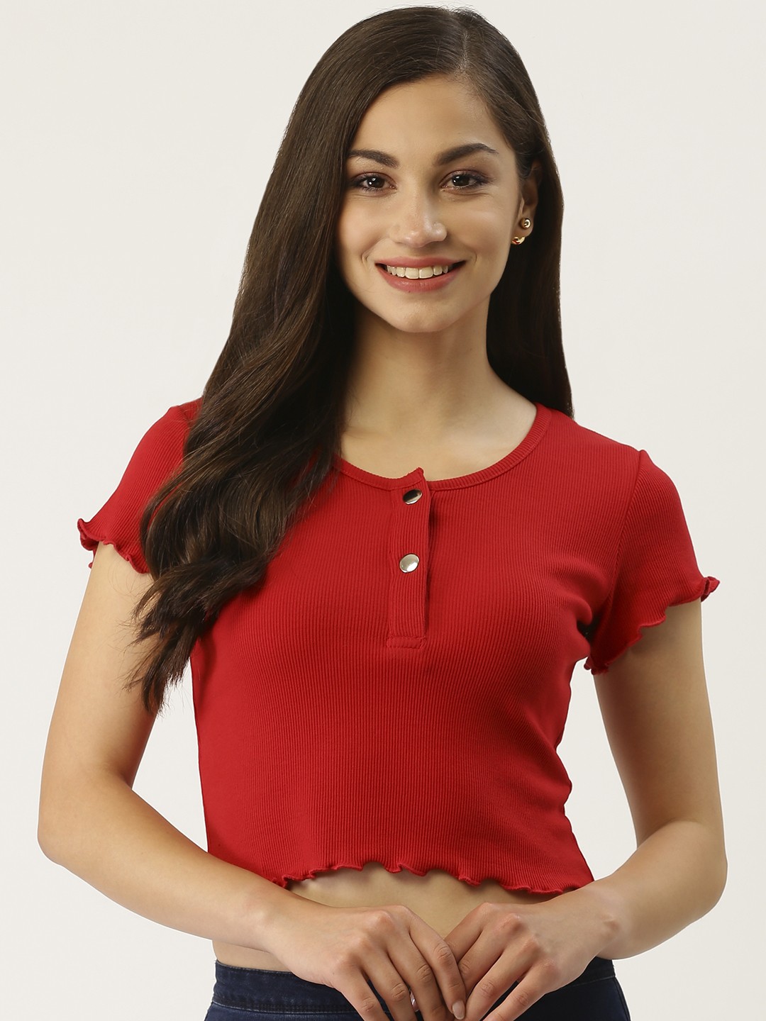 

Trend Arrest Women Red Ribbed Cropped Pure Cotton Top