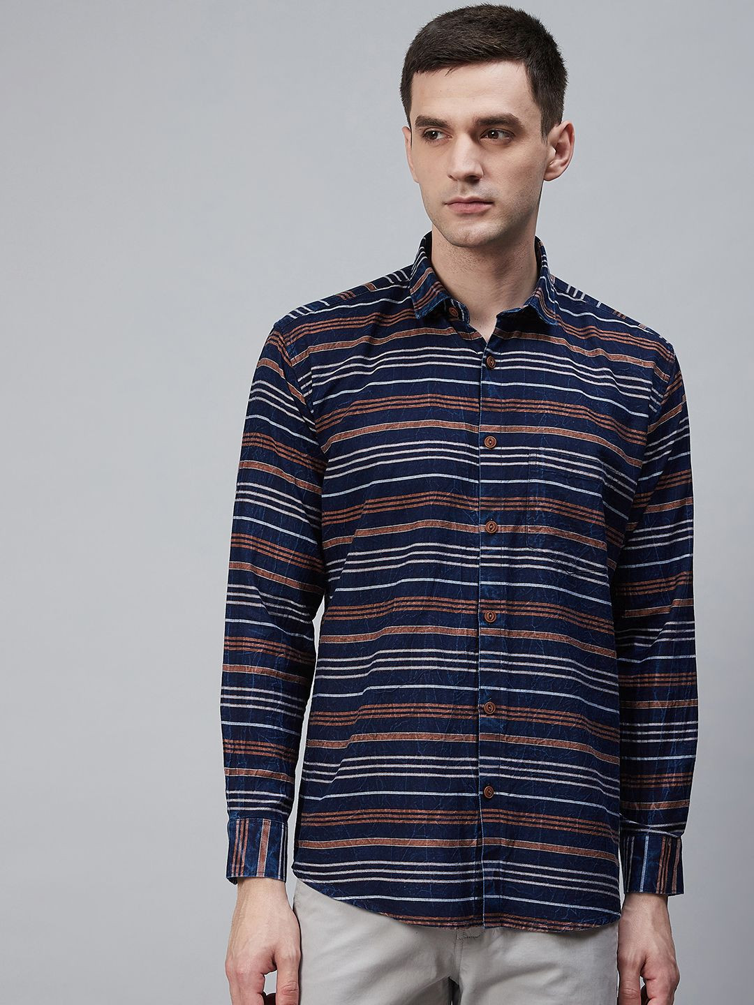 

Shaftesbury London Men Navy & Off-White Oxford Weave Striped Eco-Friendly Casual Shirt, Navy blue