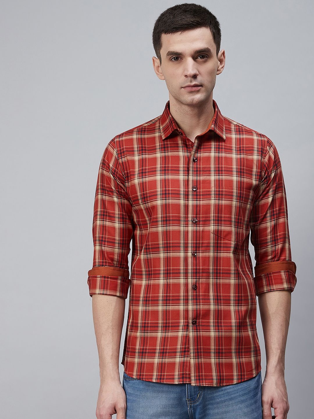 

Shaftesbury London Men Rust Red & Beige Oxford Weave Checked Eco-Friendly Casual Shirt