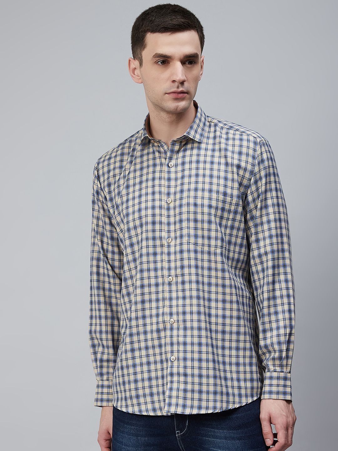 

Shaftesbury London Men Beige Smart Slim Fit Oxford Weave Checked Eco-Friendly Casual Shirt