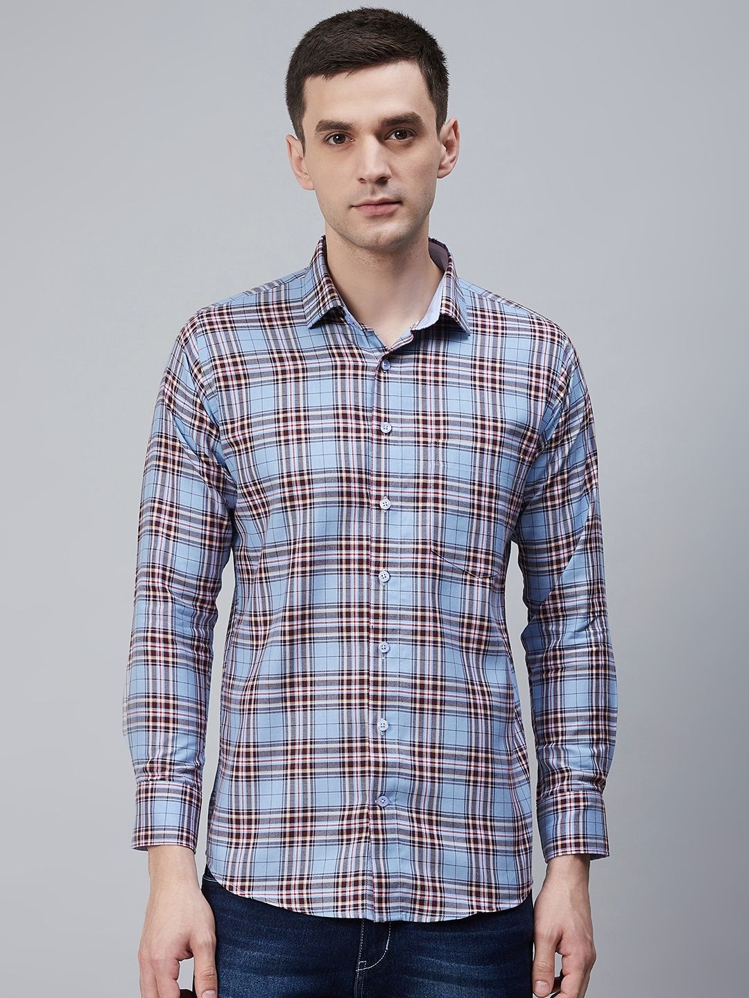 

Shaftesbury London Men Blue Smart Slim Fit Oxford Weave Checked Eco-Friendly Casual Shirt