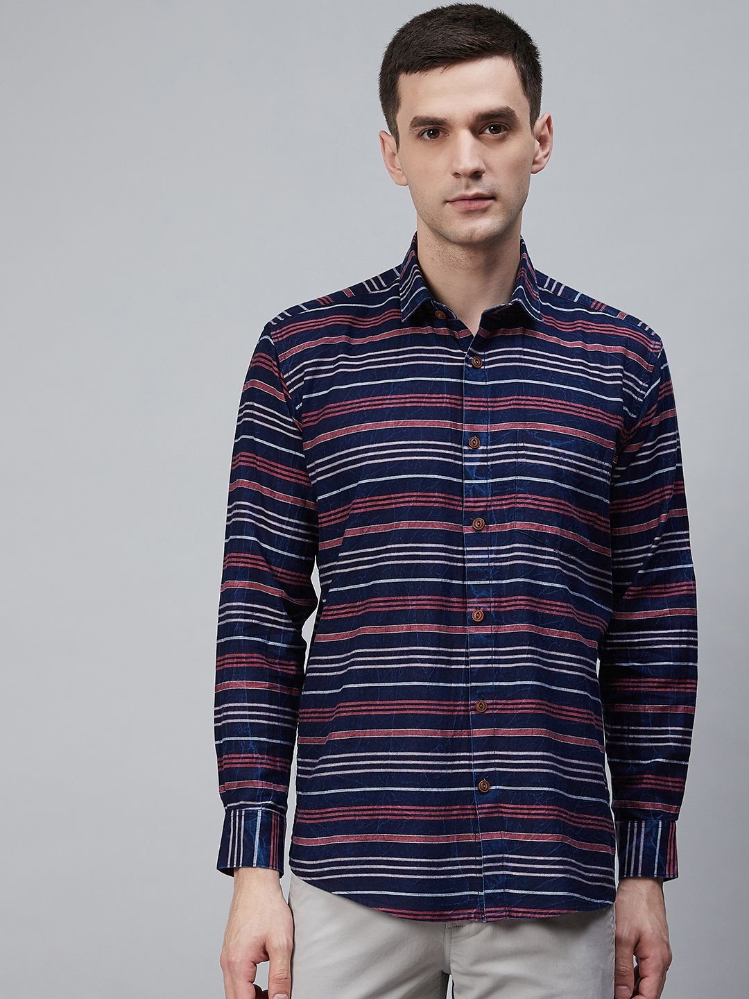 

Shaftesbury London Men Navy Smart Slim Fit Oxford Weave Striped Eco-Friendly Casual Shirt, Navy blue