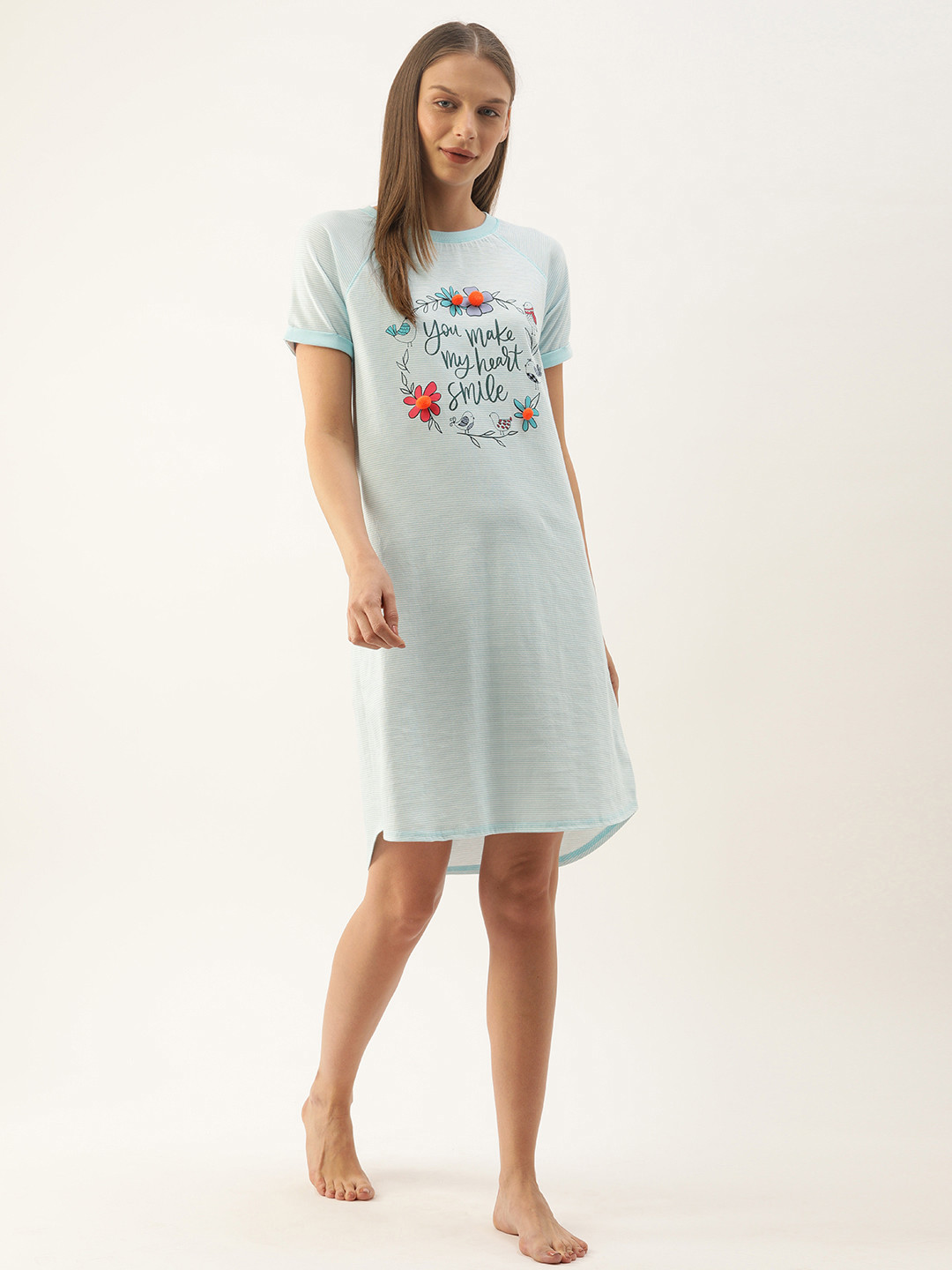 

Slumber Jill Women Blue & White Striped Loose Fit Sleep Shirt With Embellished Detail