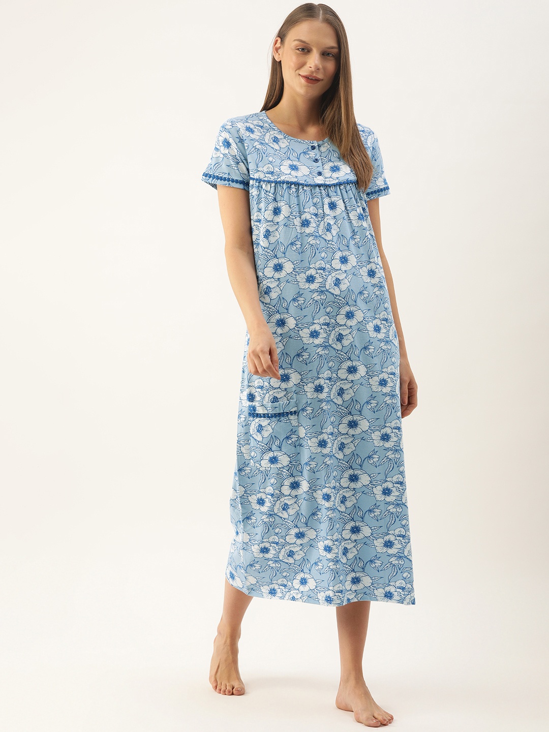 

Slumber Jill Blue & White Printed Nightdress with Lace Insert Detail