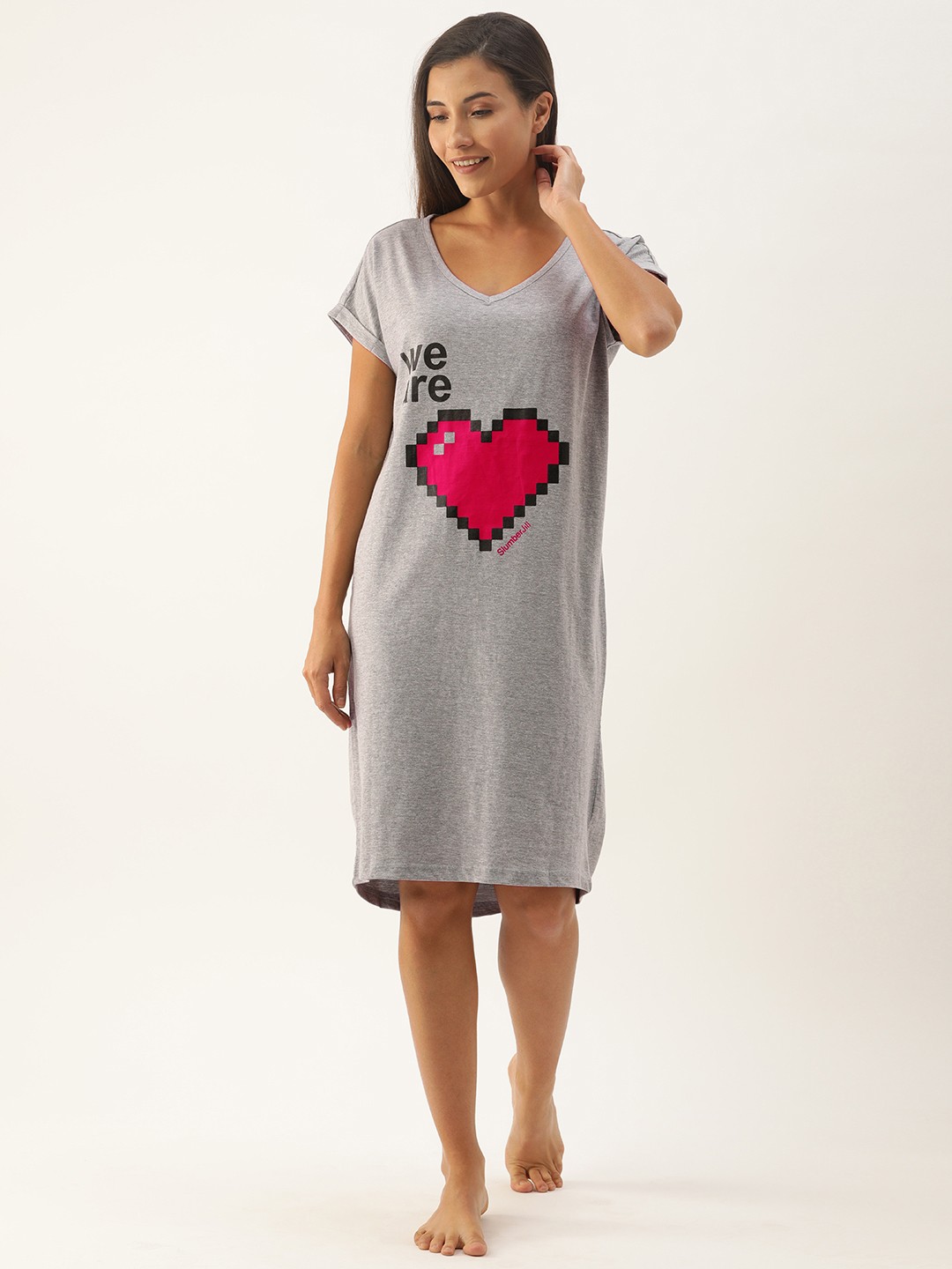 

Slumber Jill Women Grey Melange Printed Loose Fit Sleep Shirt