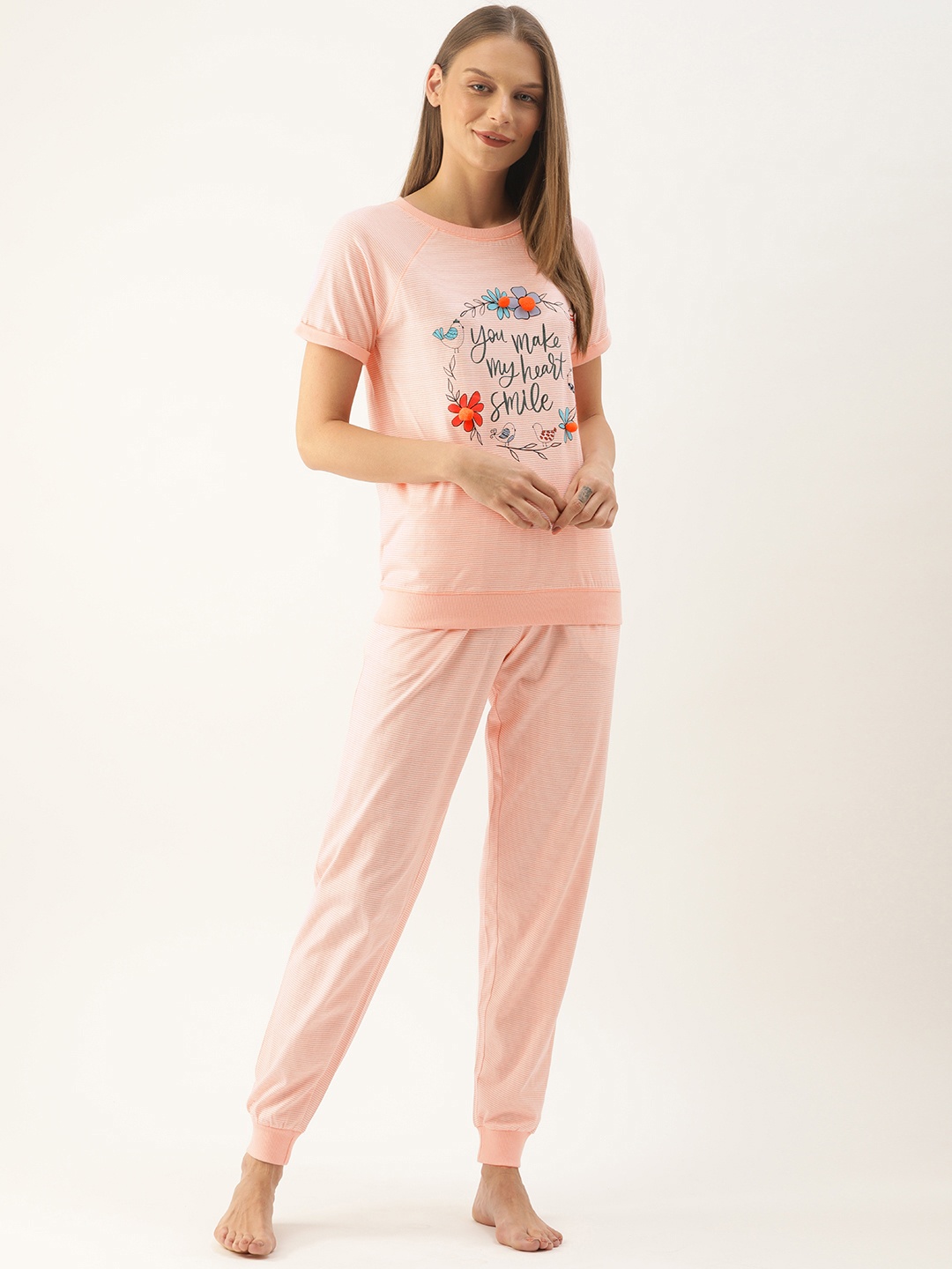

Slumber Jill Women Pink & White Striped Night suit With Printed Detail