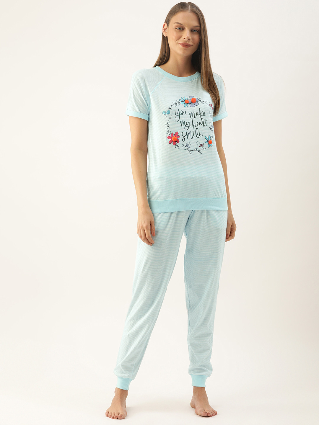 

Slumber Jill Women Turquoise Blue & White Striped Night suit With Printed Detail