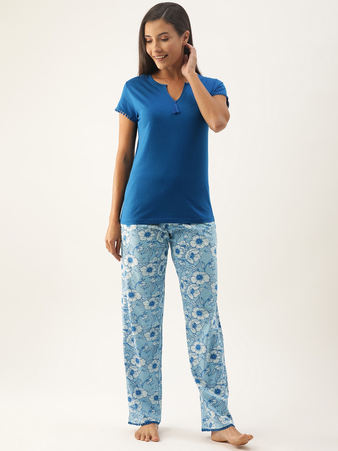 

Slumber Jill Women Blue & White Solid Night suit