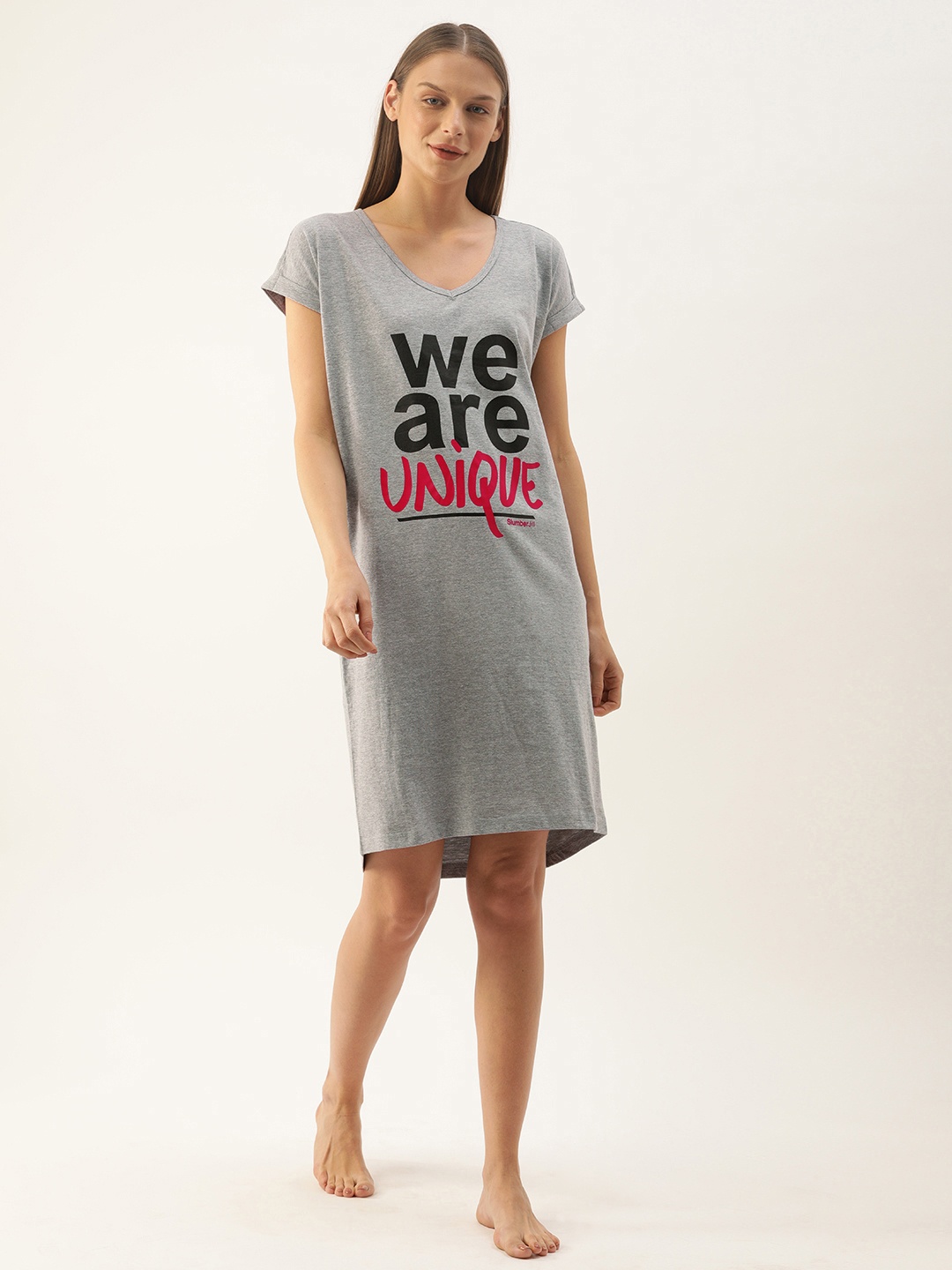 

Slumber Jill Women Grey Melange & Black We Are Unique Loose Fit Sleep Shirt