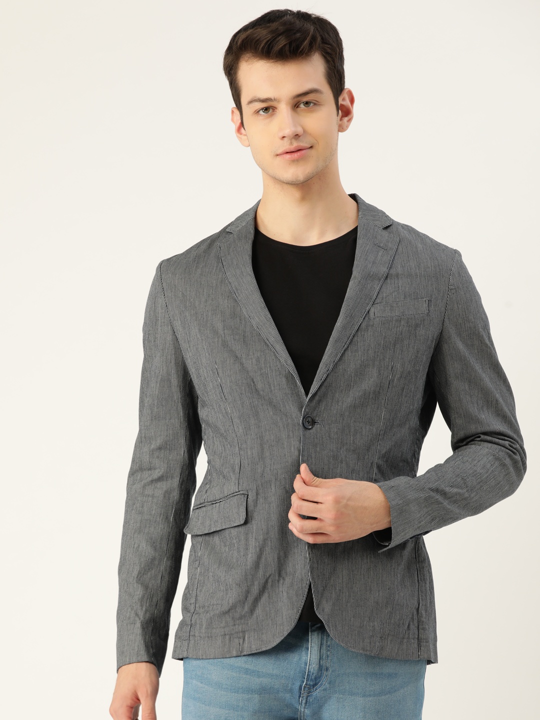 

United Colors of Benetton Men Navy Blue & White Striped Single-Breasted Pure Cotton Blazer