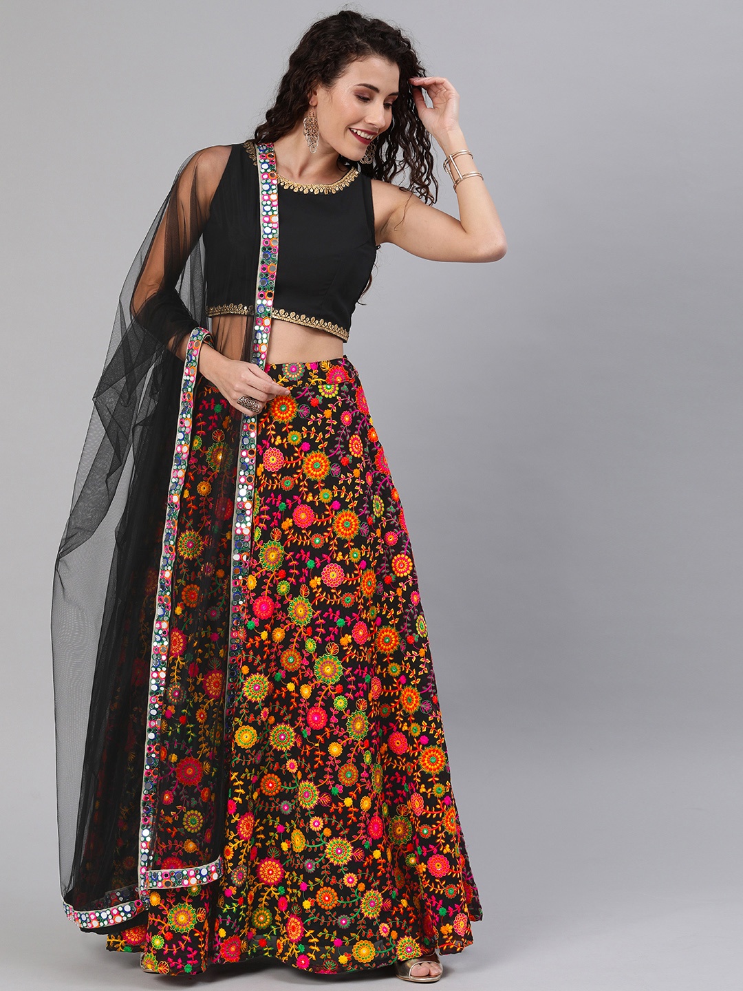 

Ethnovog Black Multicoloured Solid Ready to Wear Lehenga Blouse with Dupatta