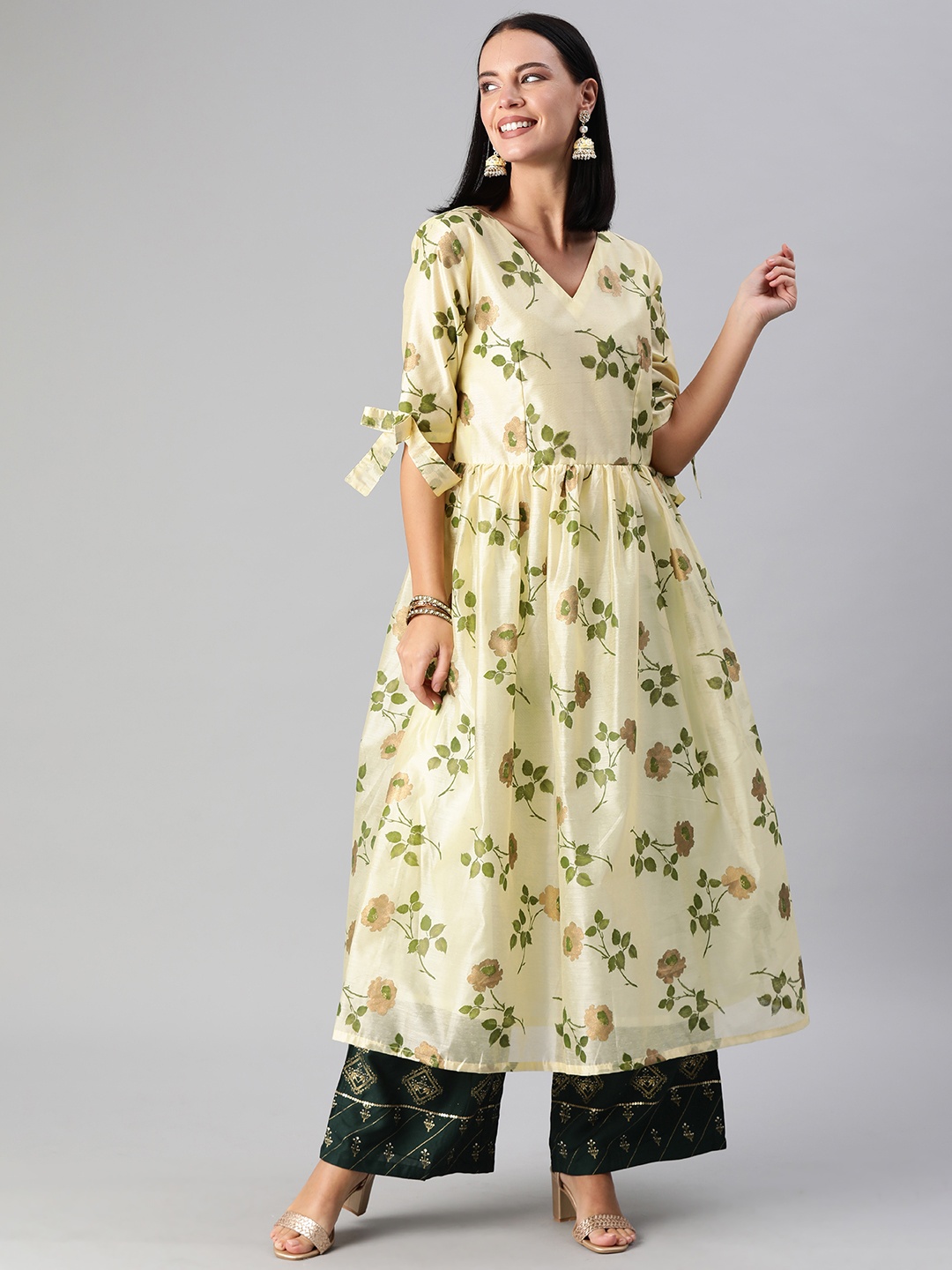 

Ethnovog Women Yellow Green Floral Printed Made To Measure A-Line Kurta