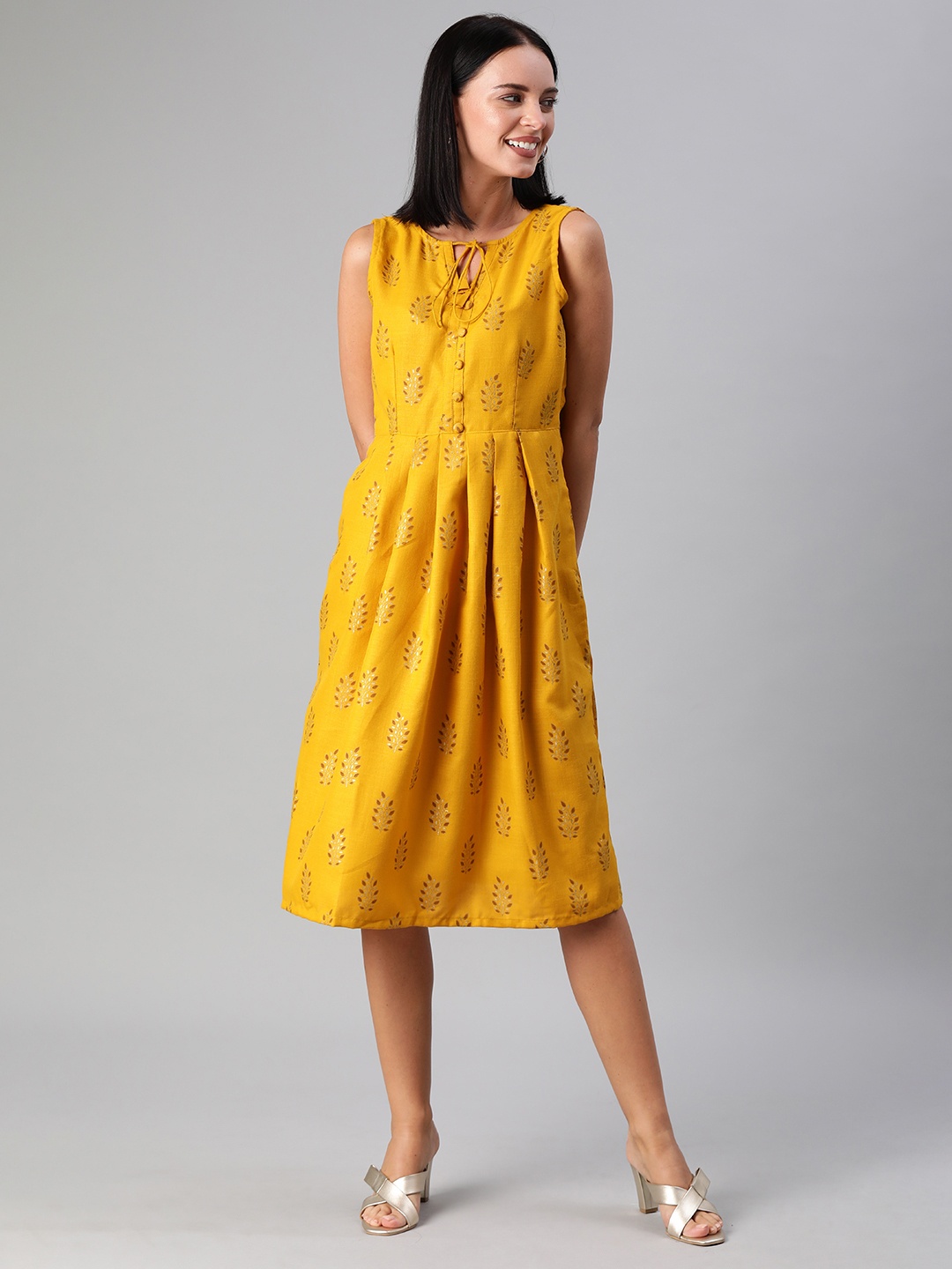 

Ethnovog Women Mustard Yellow Made To Measure Printed Fit and Flare Dress