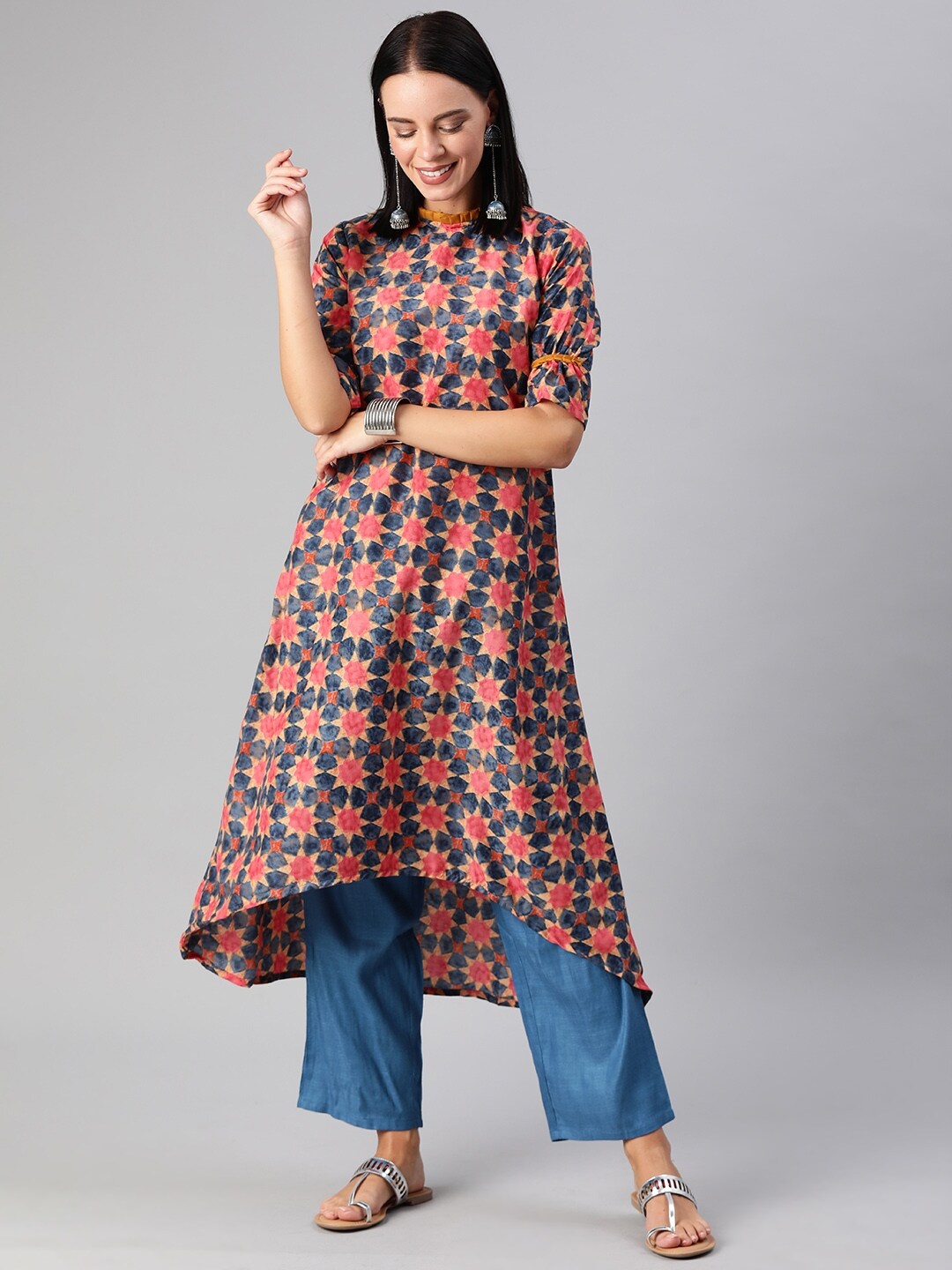 

Ethnovog Women Navy Blue Pink Printed Made To Measure A-Line Kurta