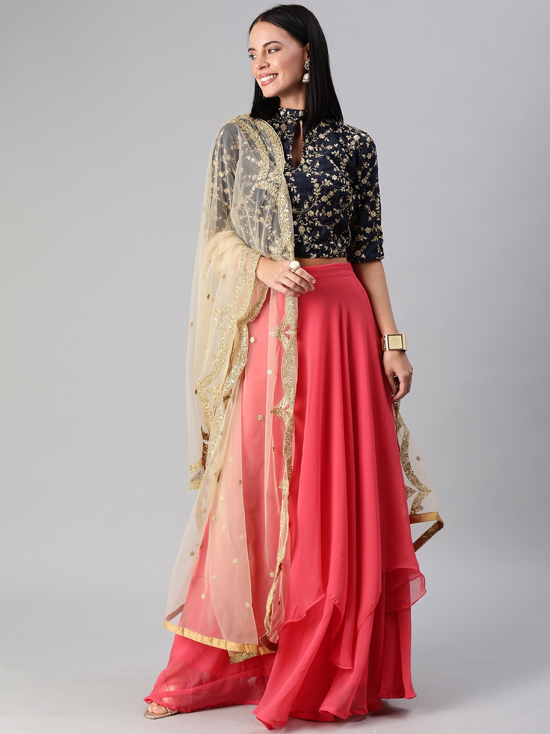 

Ethnovog Navy Blue Pink Embellished Made to Measure Lehenga Blouse with Dupatta