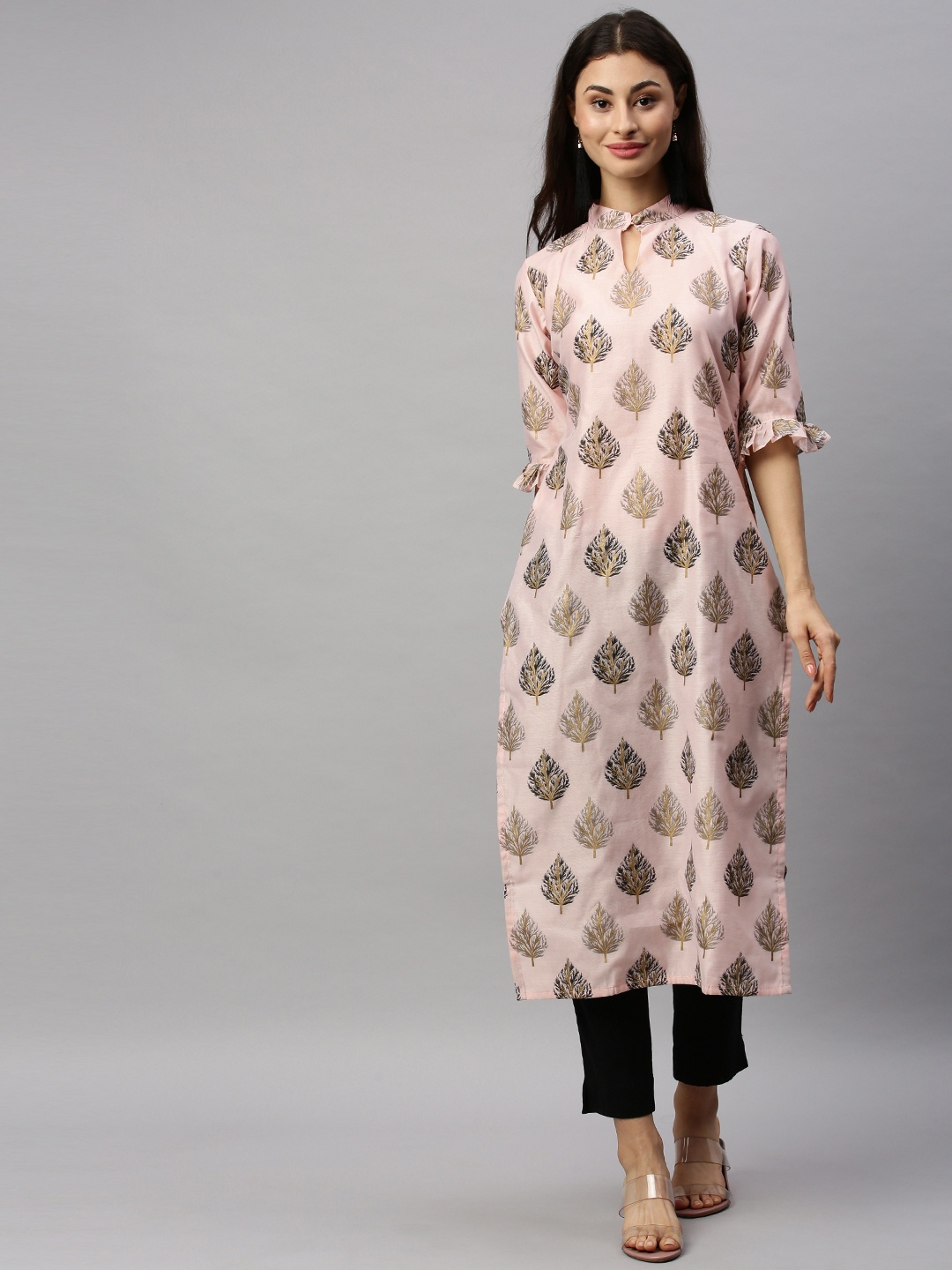 

Ethnovog Women Pink Grey Foil Printed Made To Measure Straight Kurta