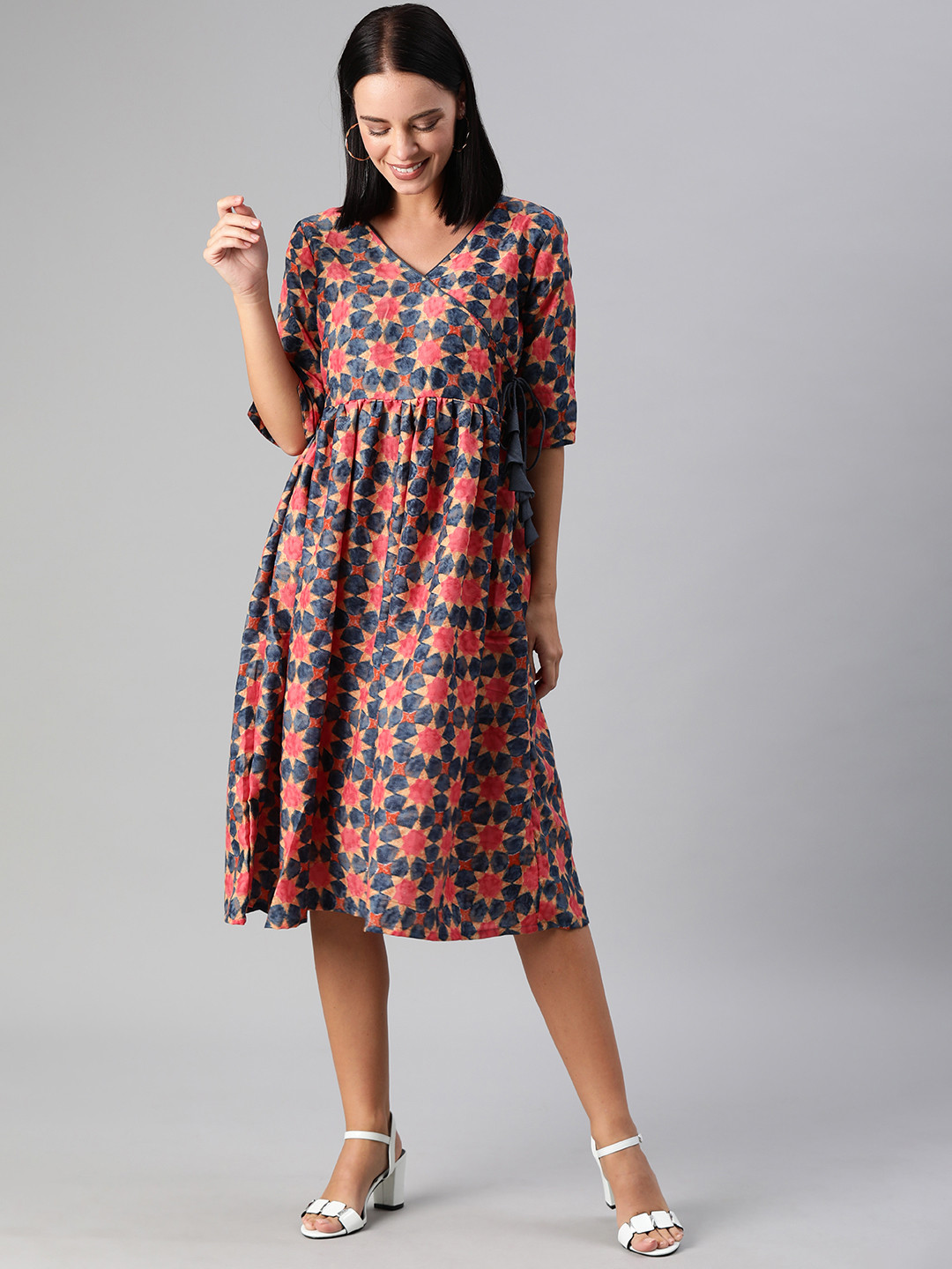 

Ethnovog Women Blue Pink Printed Made to Measure A-Line Dress with Tie-Ups