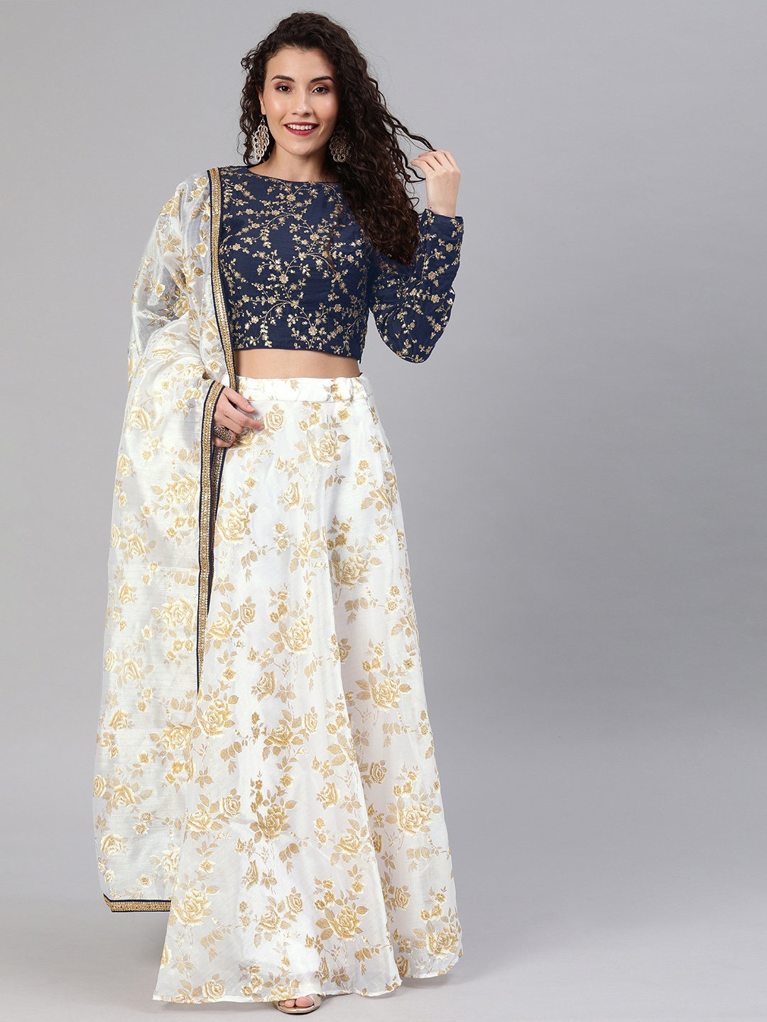 

Ethnovog Navy Blue White Embroidered Made to Measure Lehenga Blouse with Dupatta