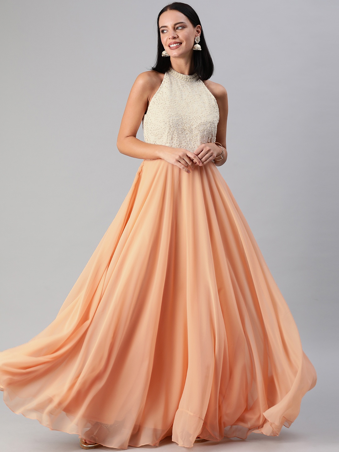

Ethnovog Women Peach-Coloured Off-White Embroidered Made To Measure Maxi Dress