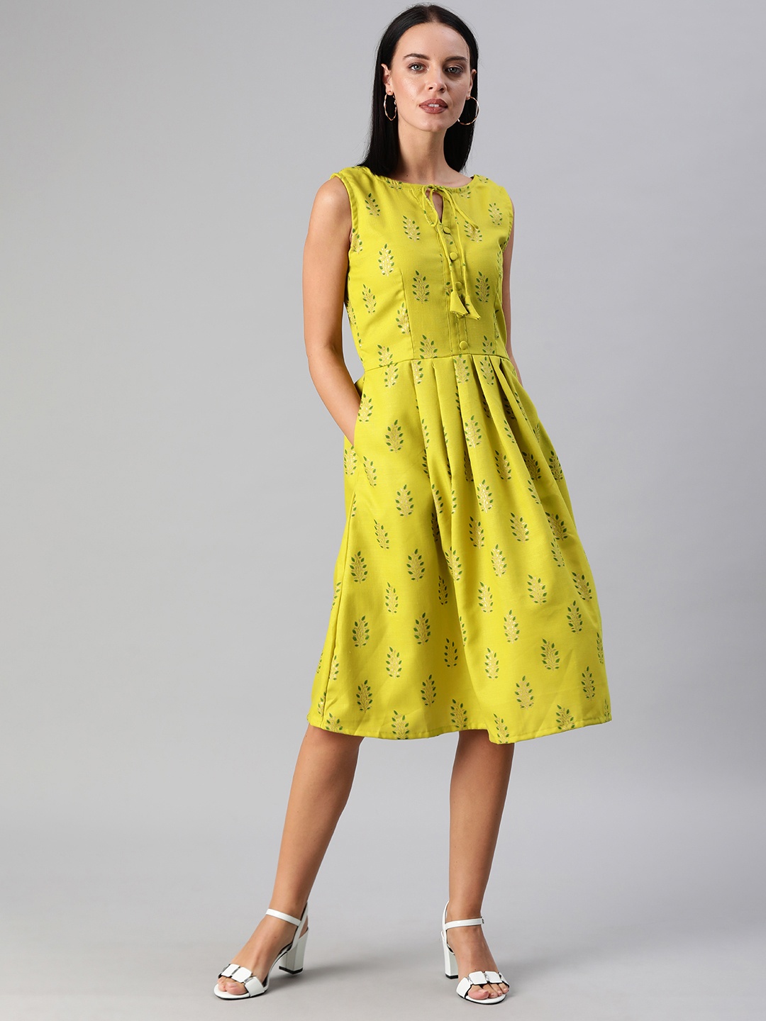 

Ethnovog Women Lime Green Printed Made to Measure A-Line Dress