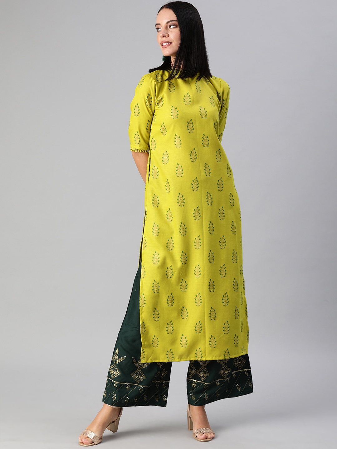 

Ethnovog Women Lime Green Gold-Coloured Printed Made to Measure Straight Kurta