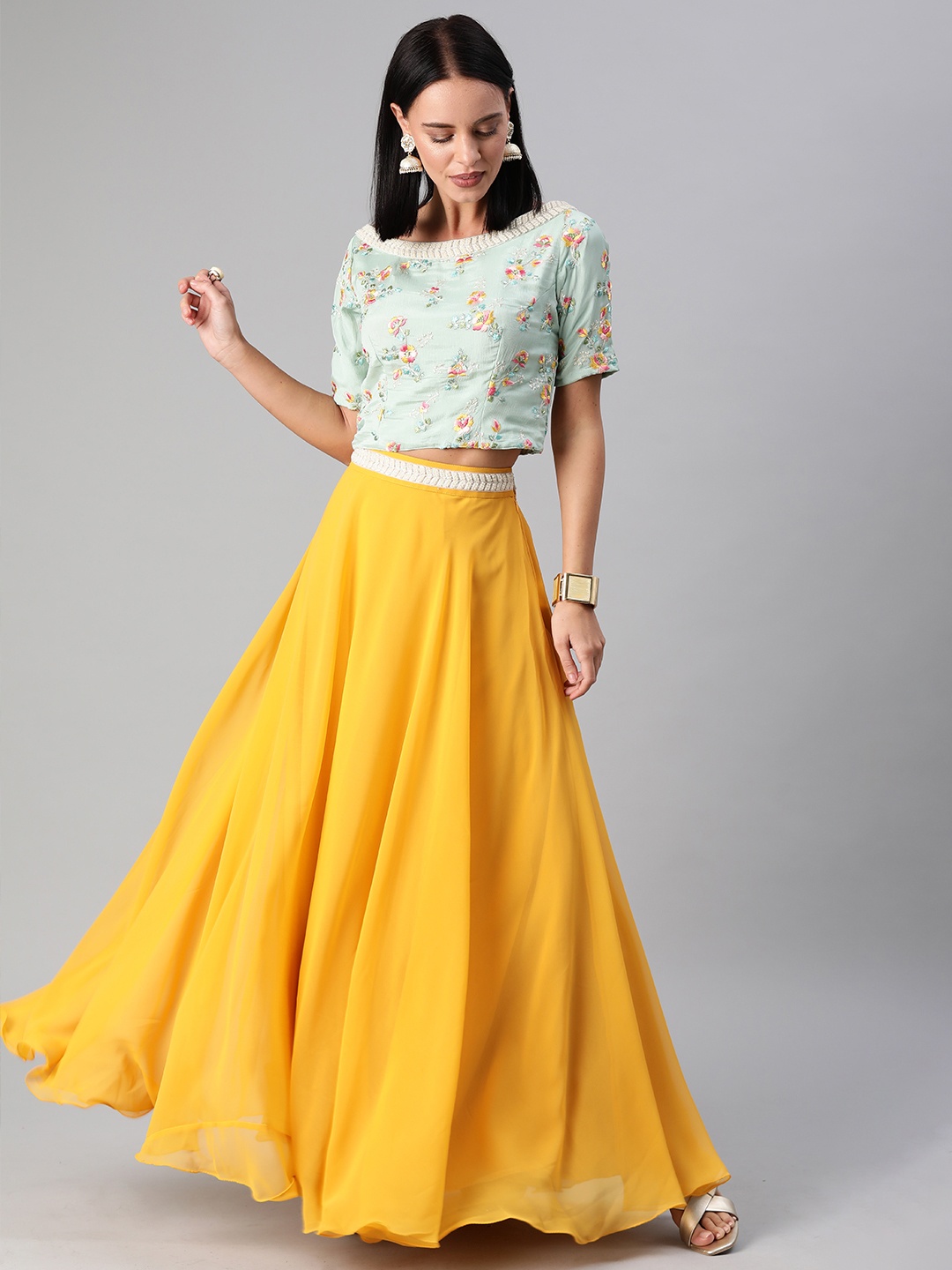

Ethnovog Mustard Yellow Blue Made to Measure Lehenga with Blouse